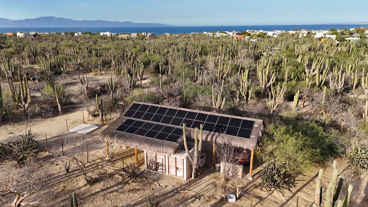 Sistema solar de Palapa La Terracita entre cardones cerca de la costa